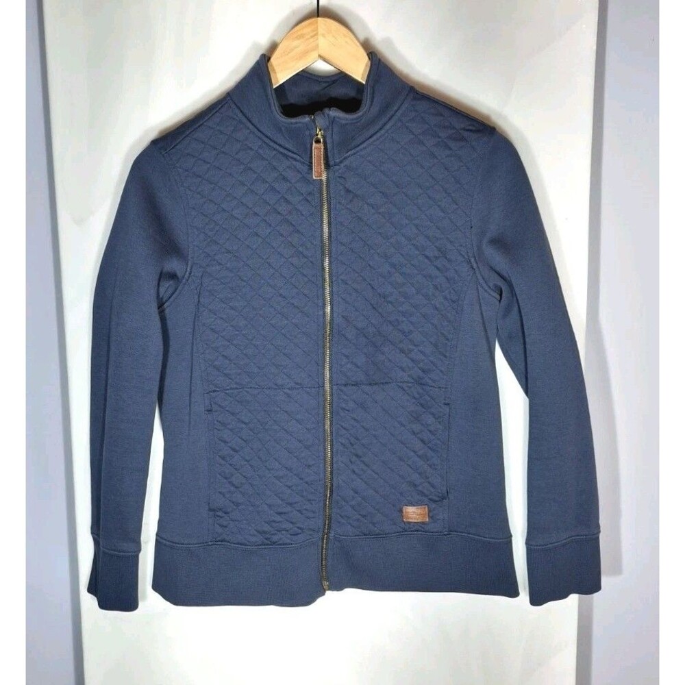 L.L.Bean Women's M Petite PM Navy Quilted Full Zip Jacket Leather Zipper Pull